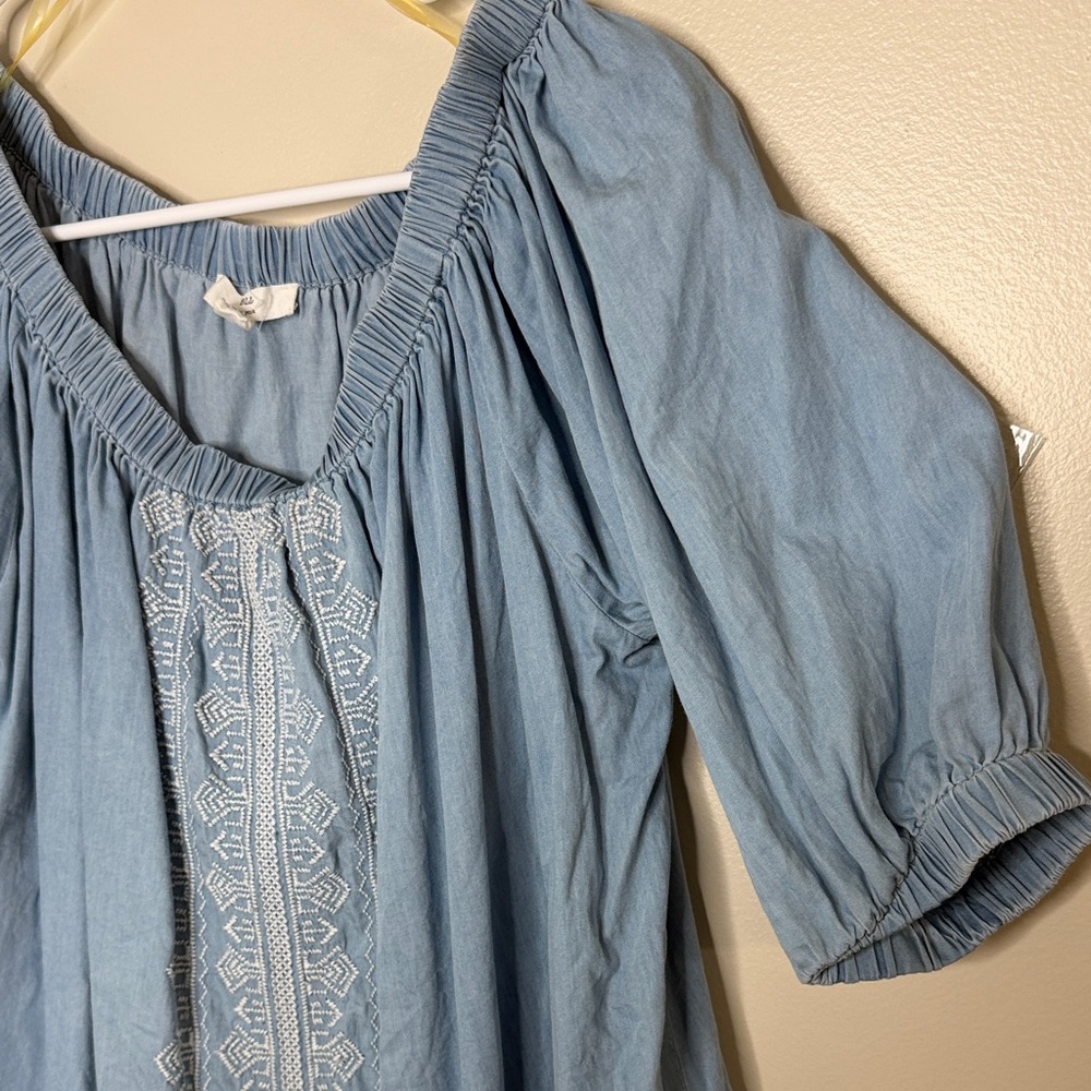 BLL New York Blue Boho Embroidered Blouse 1X 100% Lyocell Peasant Top - Picture 7 of 13